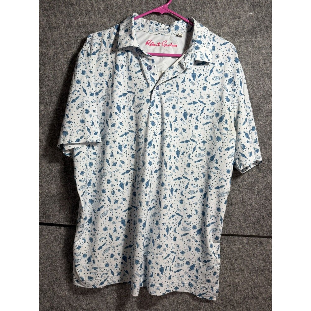 Robert Graham Polo Shirt Men's Large White Blue Abstract Print Performance Golf